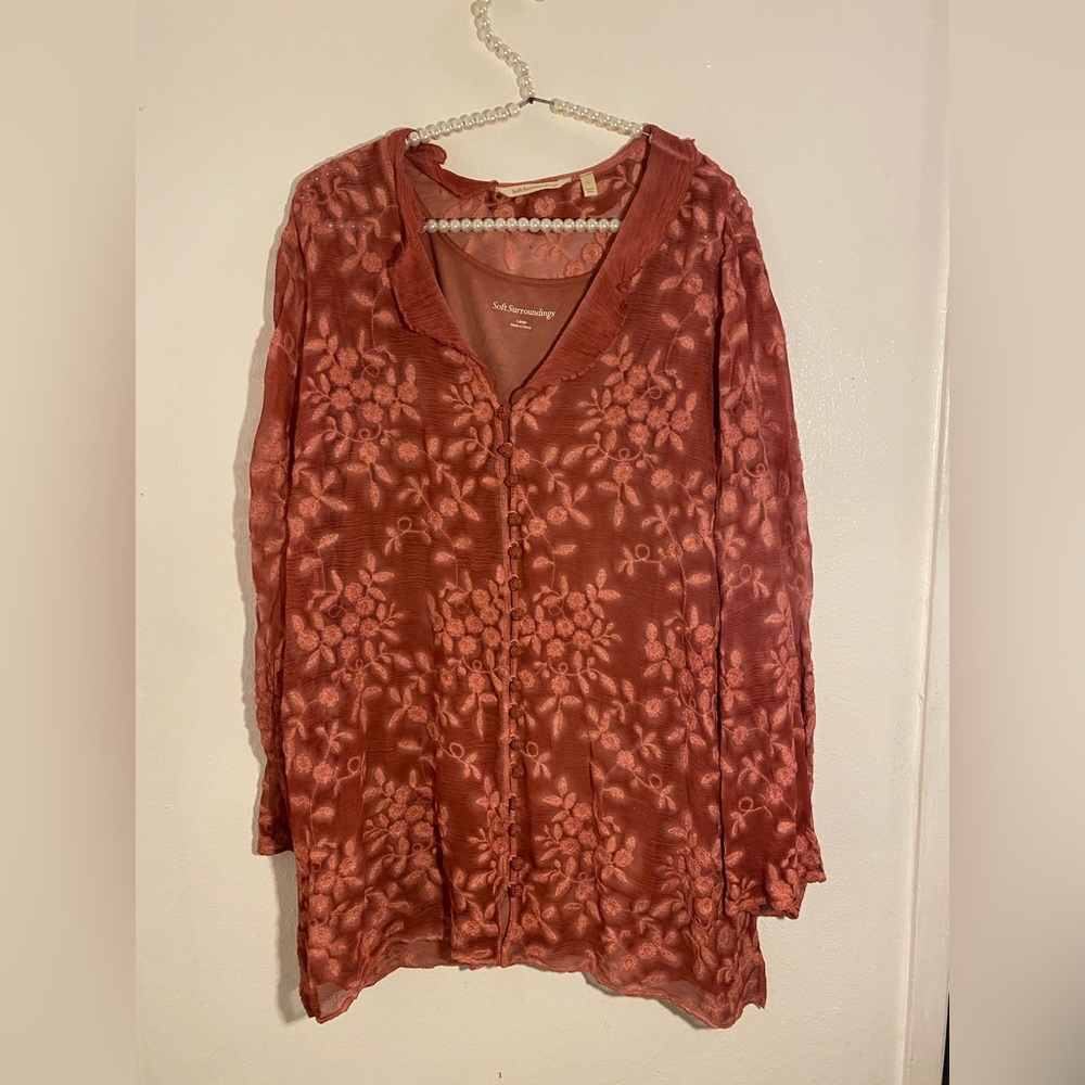 Soft surroundings silk Aimee shirt Brandy Brown Large $160 2-piece set - Picture 2 of 4